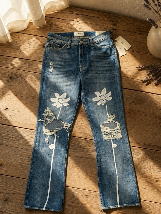 7 For All Mankind Denim - 7 For All Mankind Easy Boot Jeans Womens 27 Blue Bootcut Floral Distressed